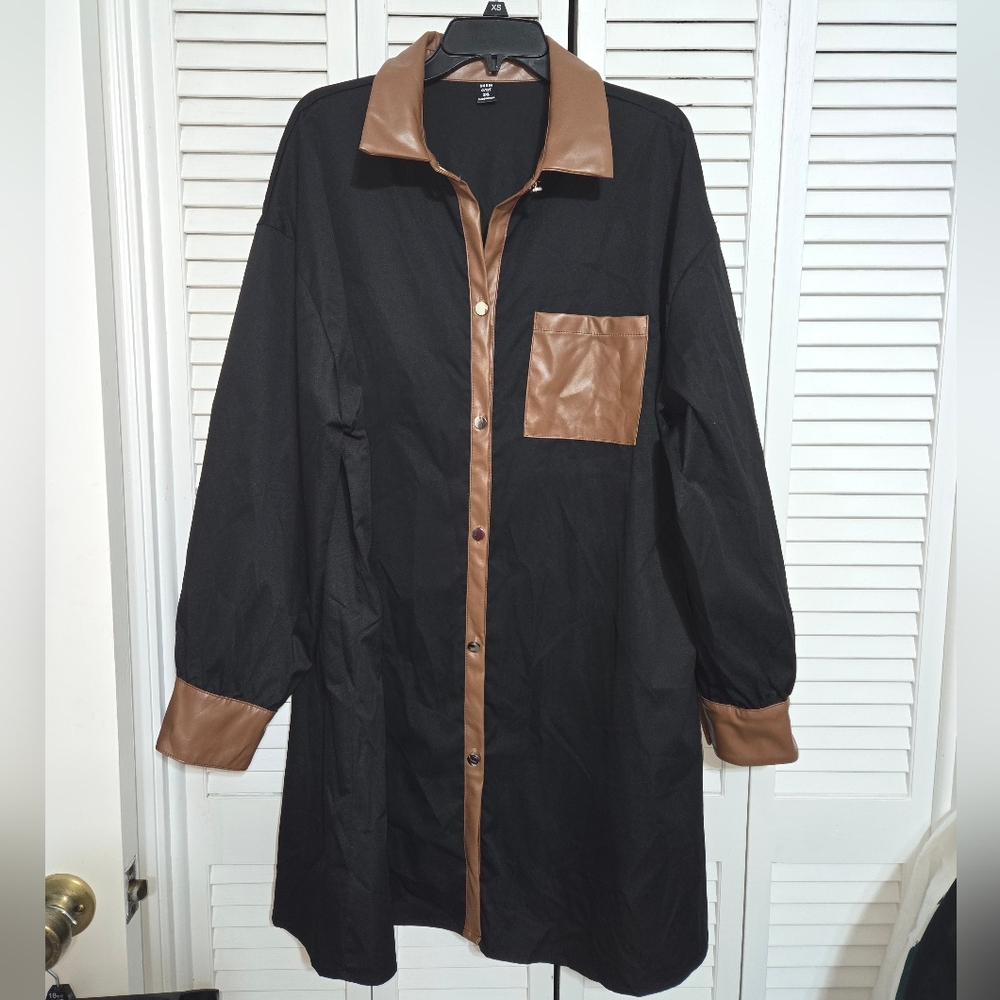 Shein Curve Women's 3XL Black Shirt Dress with Brown Trim NEW - Picture 2 of 11